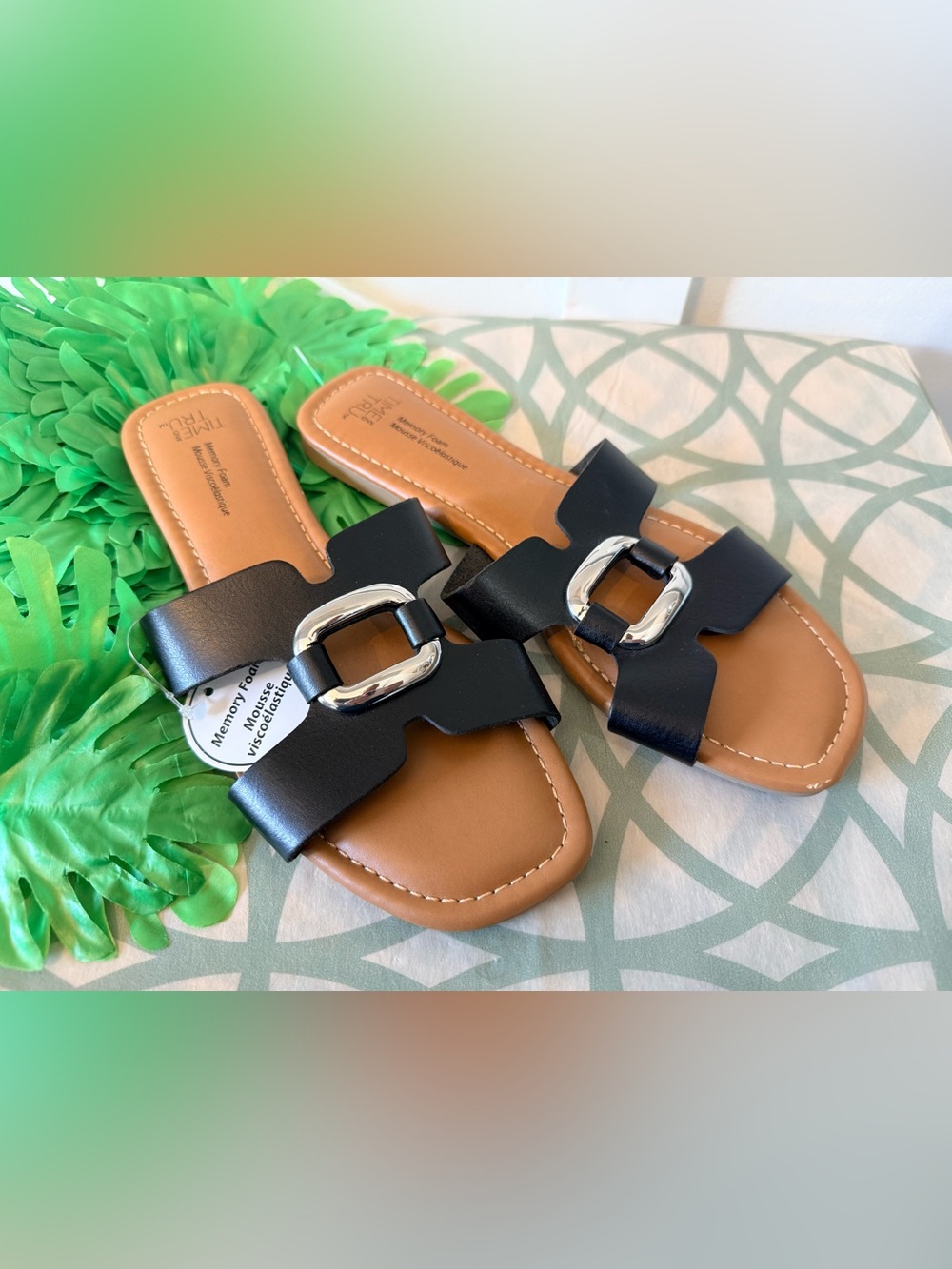 4/$25 • Time & Tru Black Slide Sandals with Silver Buckle